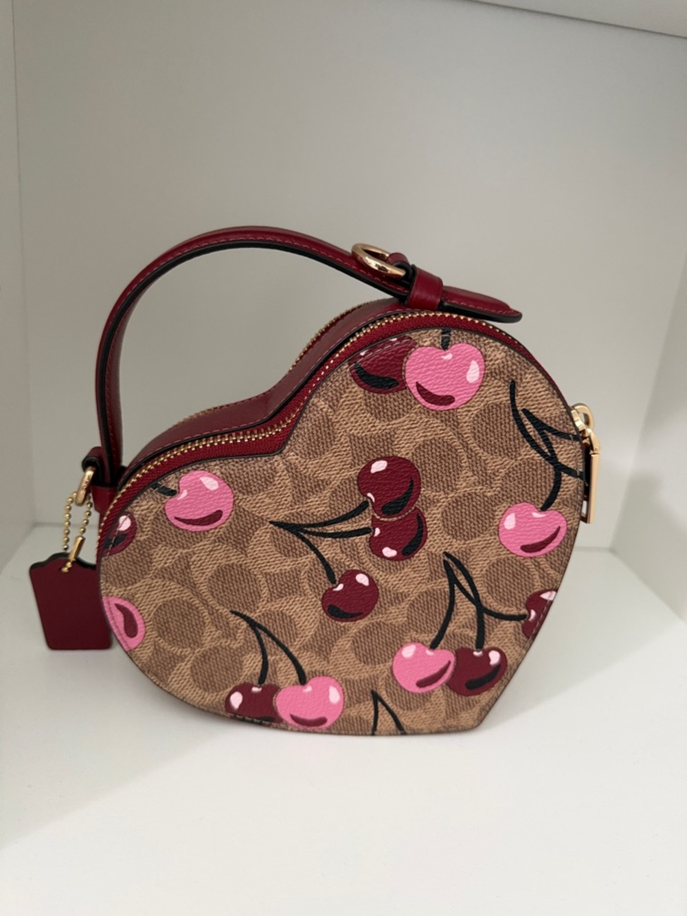 Coach Heart-Shaped Cherry Print Mini Bag in Brown, Pink & Burgundy - Picture 3 of 5
